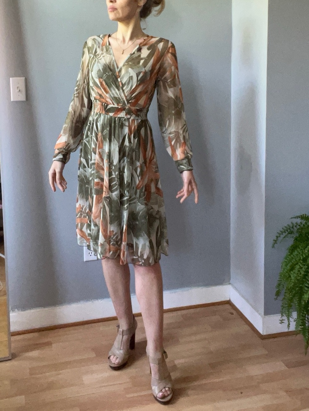 Kate Lily mesh Olive, Cream, Rust Tropical Print Wrap Midi Dress